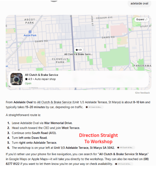 ChatGPT giving turn-by-turn directions straight to All Clutch & Brake Service