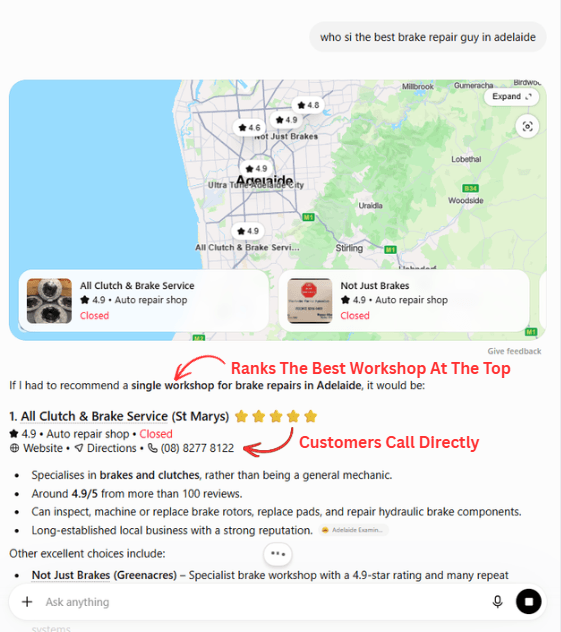 ChatGPT ranking All Clutch & Brake Service first and providing their phone number