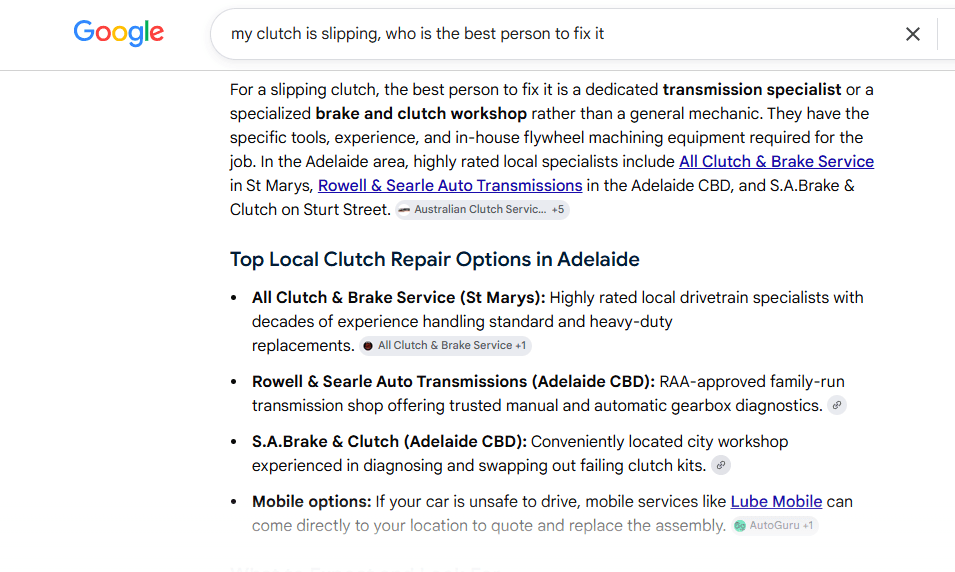 Google AI Overview naming All Clutch & Brake Service as a top local clutch repair option